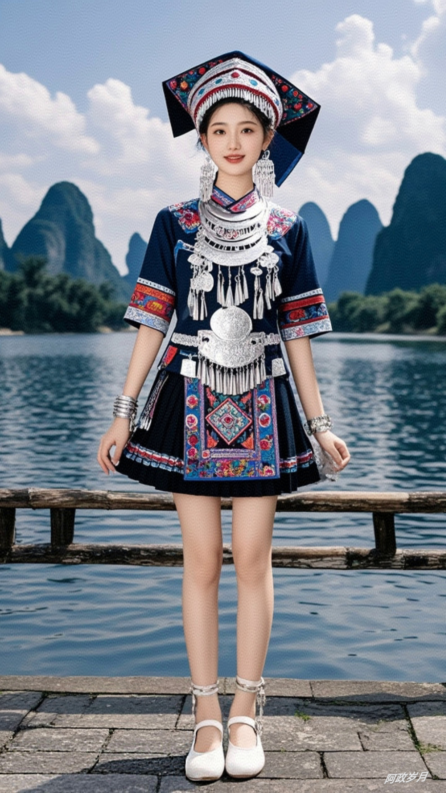 在青山绿水的怀抱中,身着苗族服饰的