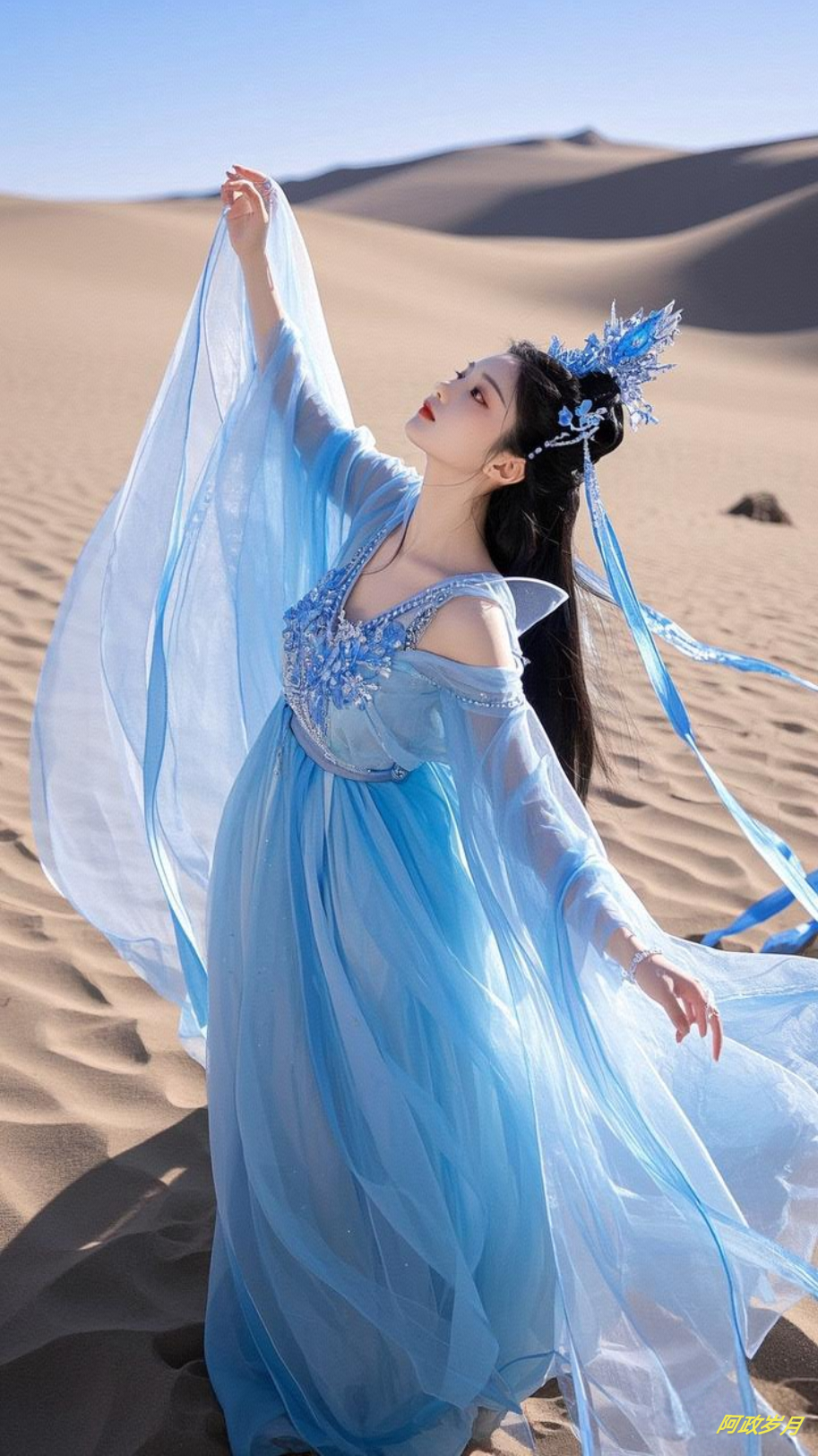 云鬓斜簪玲珑饰,眸光婉转意飞扬. 轻纱漫卷随风舞,倩影悠然立大荒