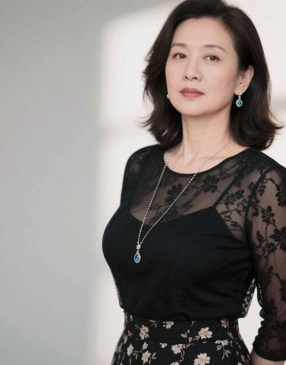 她身着一袭黑色蕾丝上衣,精致的花纹在薄纱间若隐若