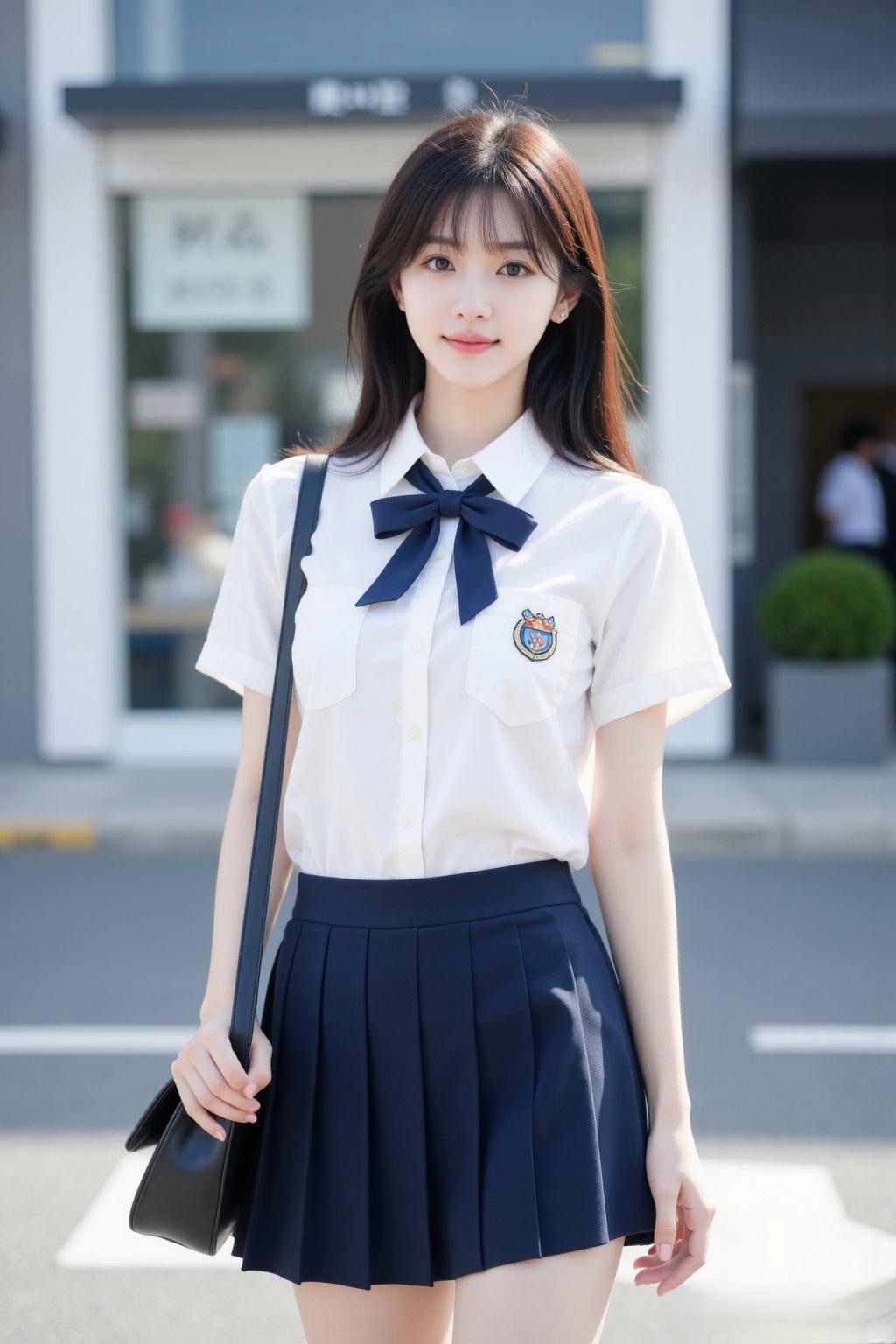 长发自然垂落,在城市街道的背景下,阳光为她勾勒出柔和的轮廓