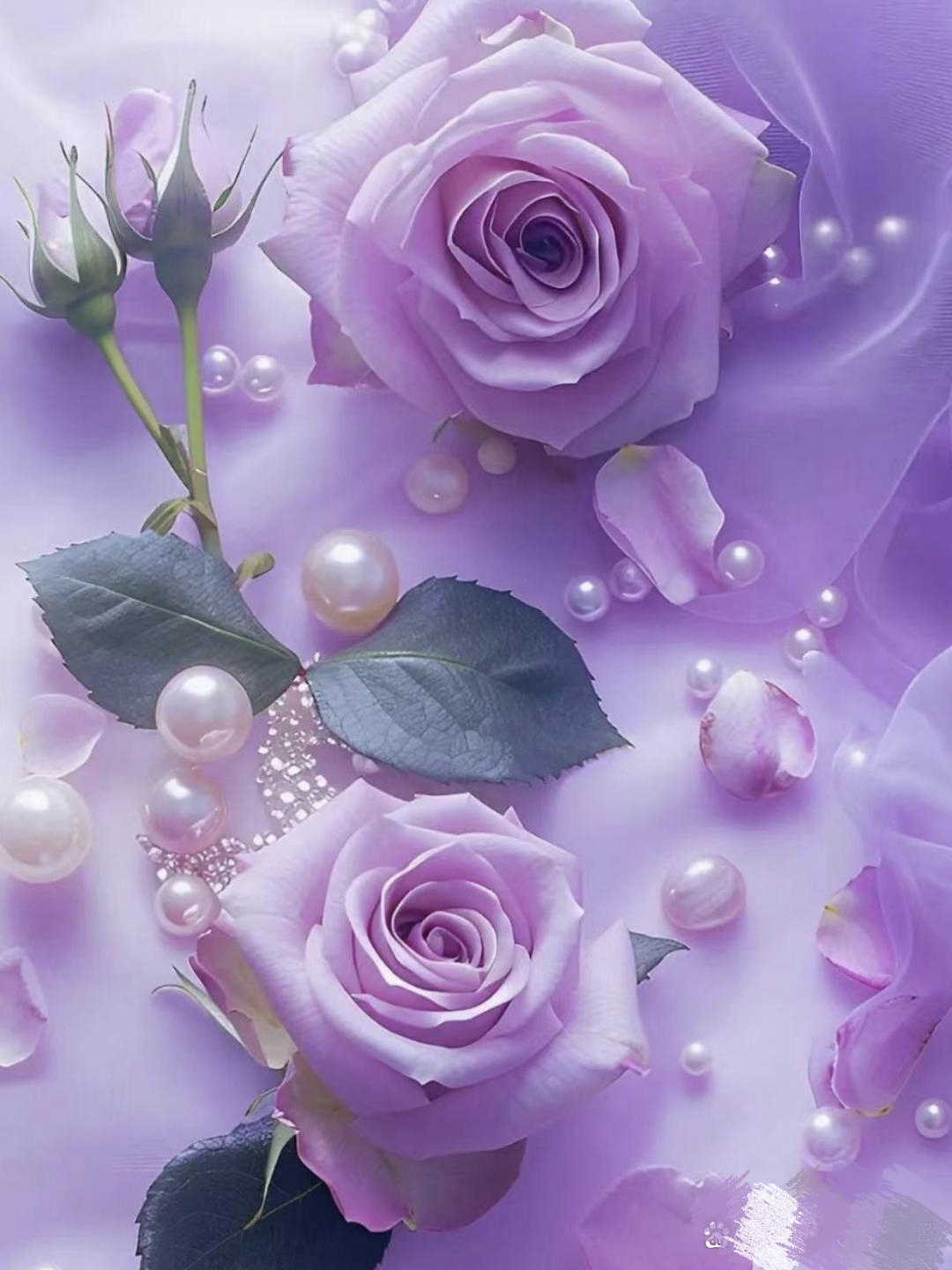 于紫罗兰色的梦幻情境里,粉红玫瑰在珍珠的陪衬下愈发彰显出浪漫的