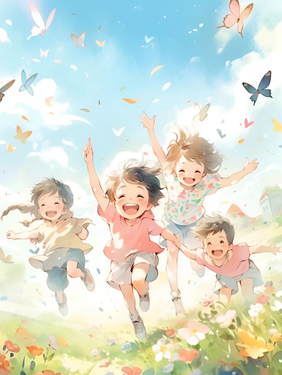 现在回望那段时光 快乐美好,快乐美妙男孩女孩开心地畅想未来卡通童年