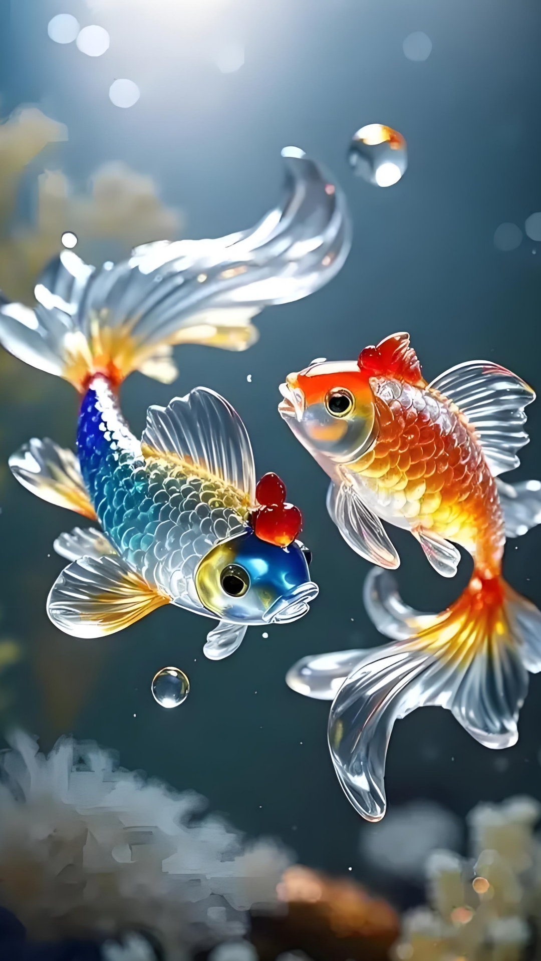 "这两条鱼在水里游得真欢快,好像在开一场彩虹色的舞蹈派对!