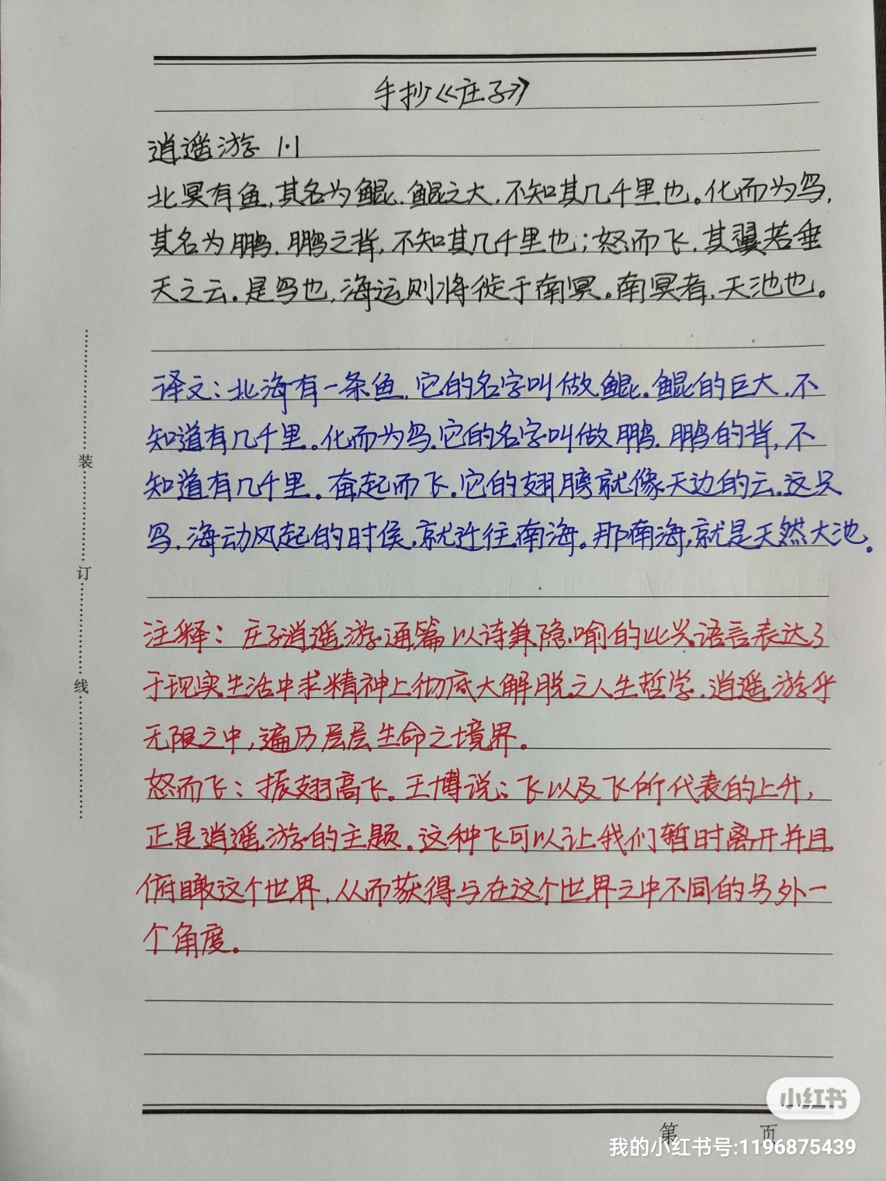 北冥有鱼学生抄写图片图片