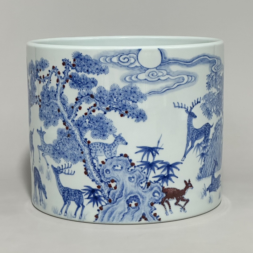 清代康熙青花釉里红百鹿笔筒,口径20,高16.