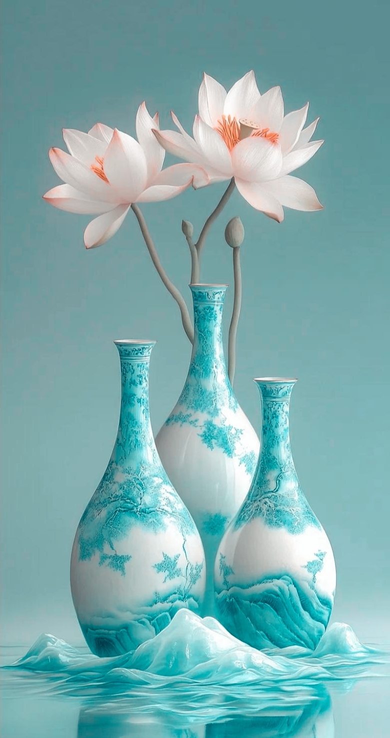 哇,这烟雾缭绕中,粉色的花朵在蓝花瓶里开得正艳,美