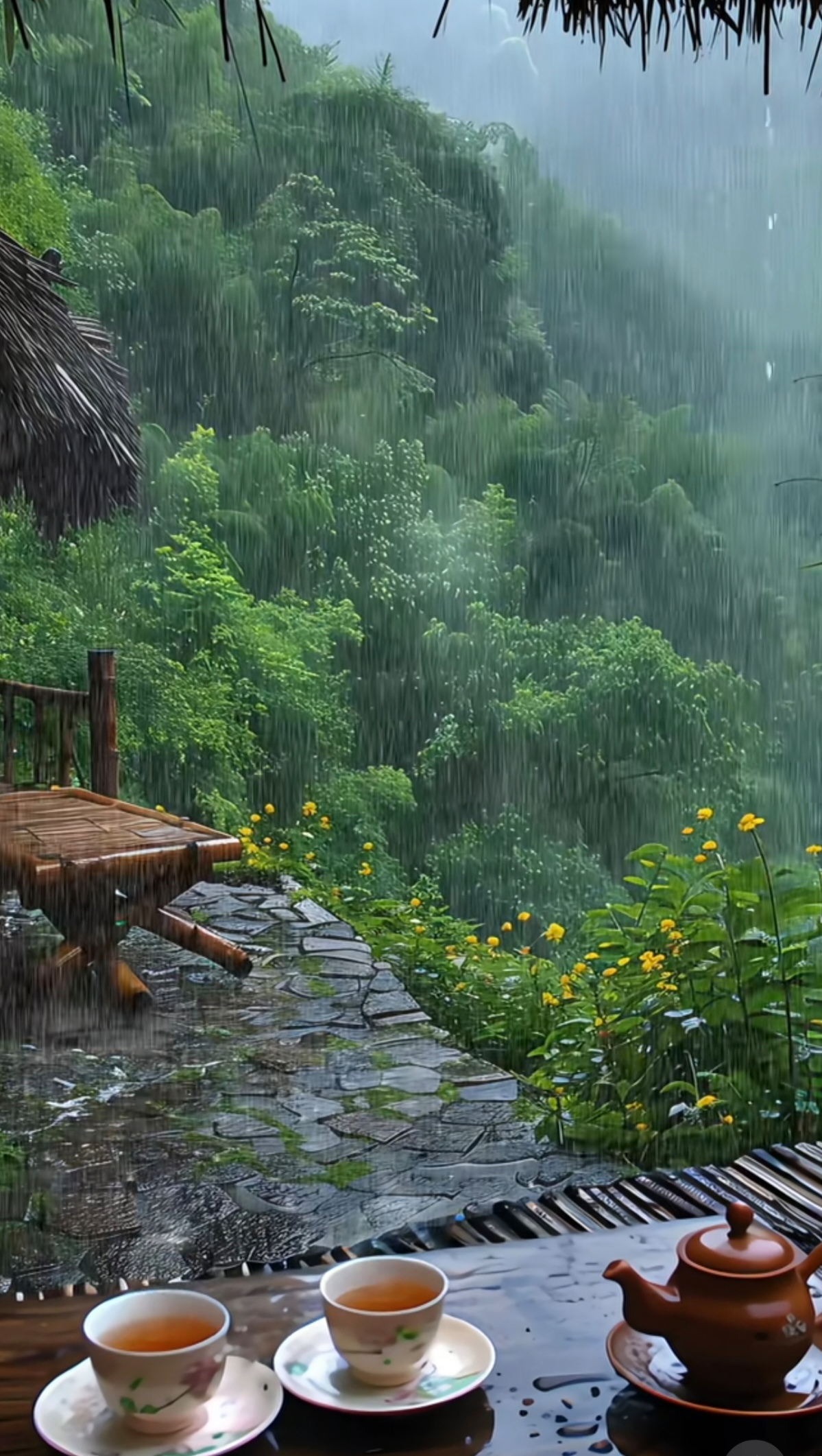 一盏香茗心自静,满场雨声洗尘愁. 山居生活远尘嚣,茶韵山野两悠悠