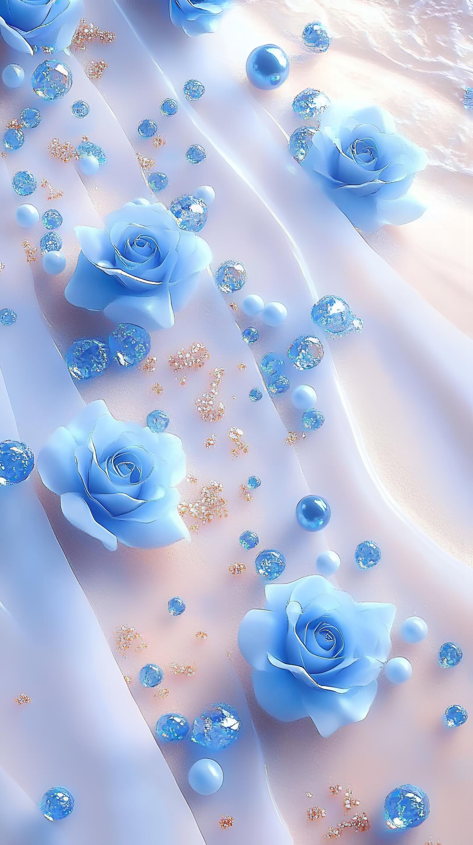 哇,这些蓝色玫瑰和珠珠好梦幻,适合做壁纸!