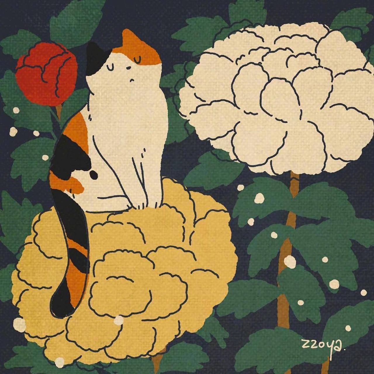 来自插画师zzoya作品 的可爱猫咪日常 小猫咪在画画,画画中的猫咪更