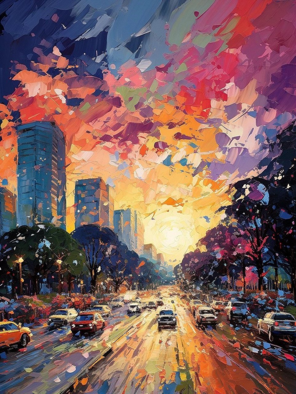 油画下的城市韵味, 暮色下的街道风情.