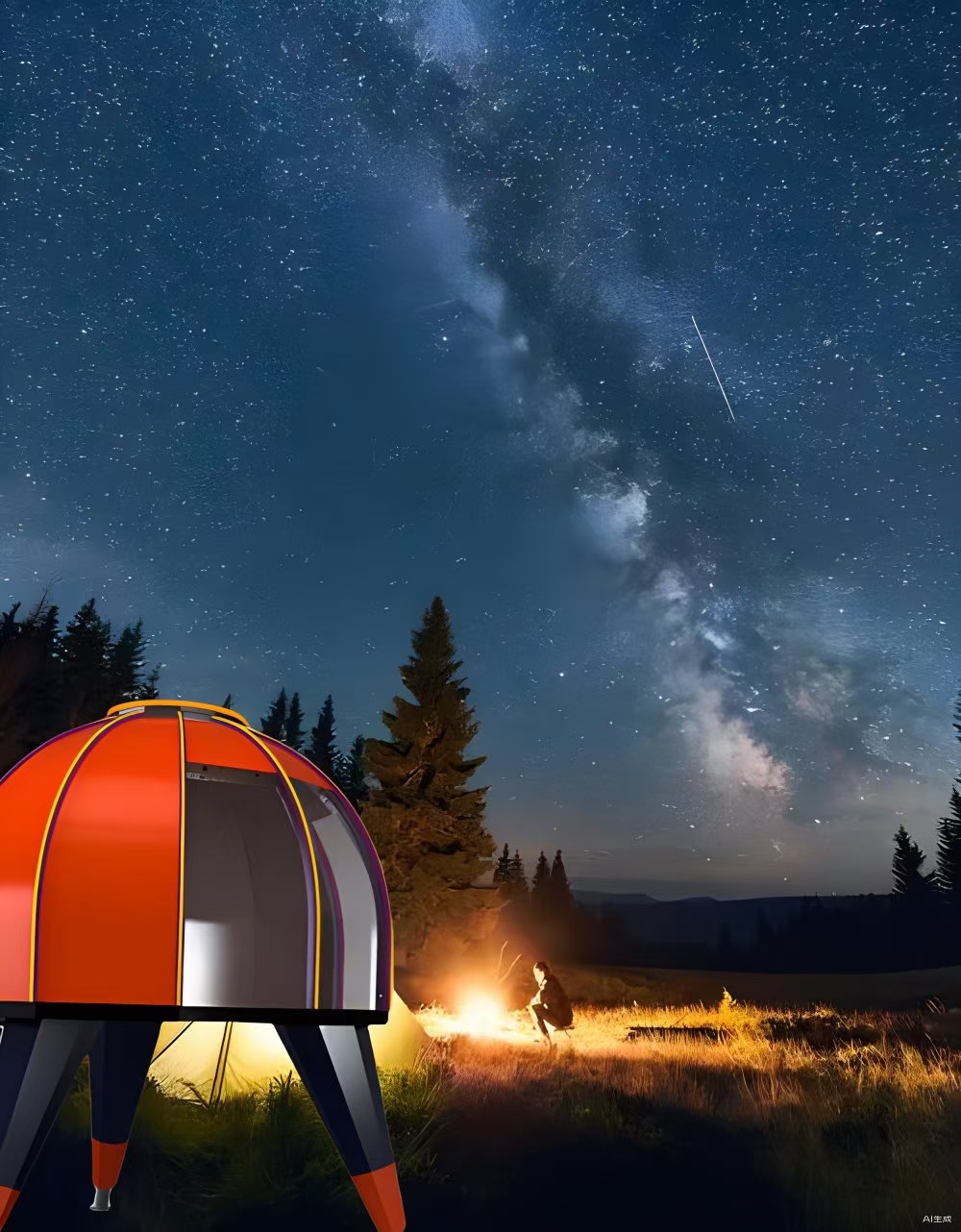 夜幕降临,银河之下,帐篷里透出温暖的光,远处的人儿静默守望,这宁静的