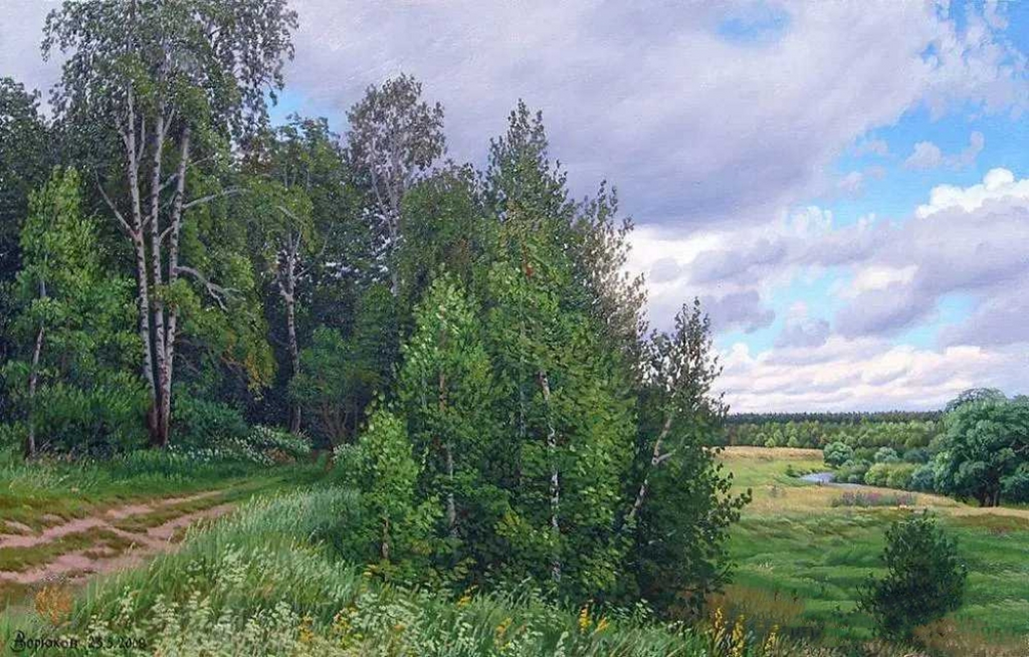俄罗斯乡村风景油画,绿草如茵,小屋隐匿在树丛中,仿佛是童话里的世界.