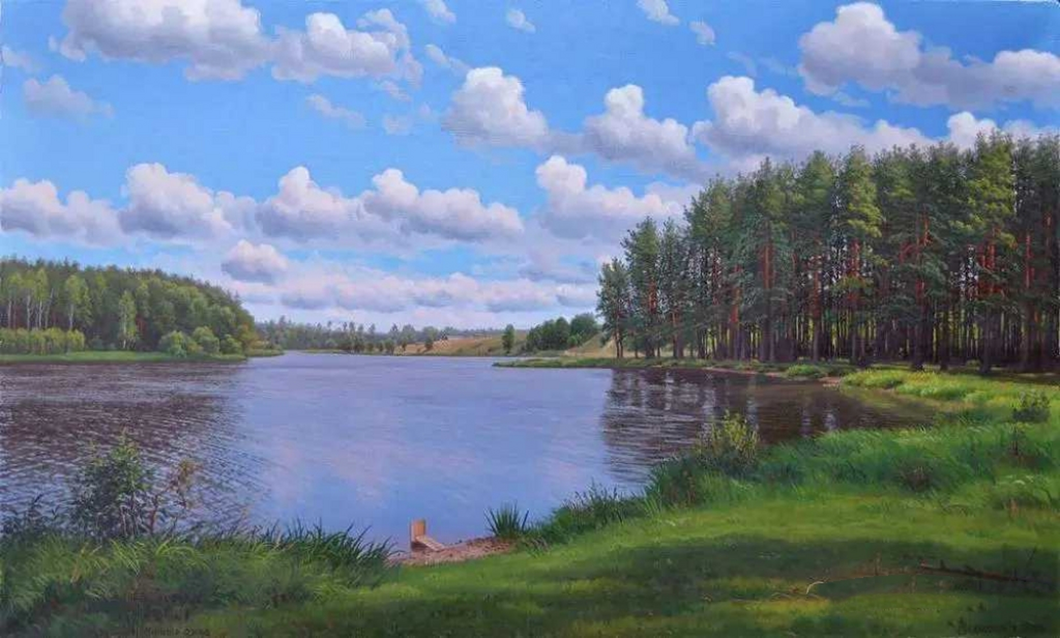 俄罗斯乡村风景油画,绿草如茵,小屋隐匿在树丛中,仿佛是童话里的世界.