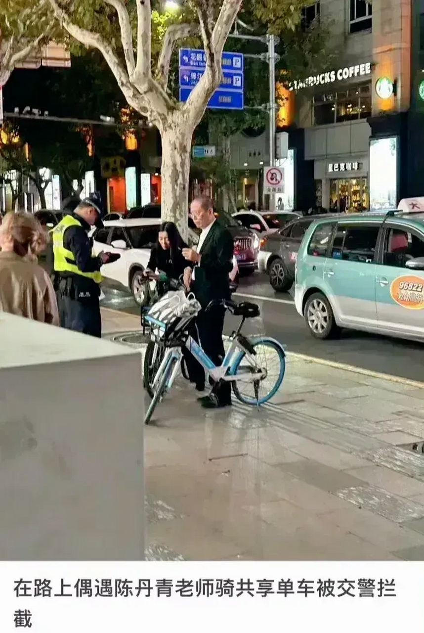 近70岁画家陈丹青和70后女画家彭薇,骑共享单车在淮海路街头,很不幸
