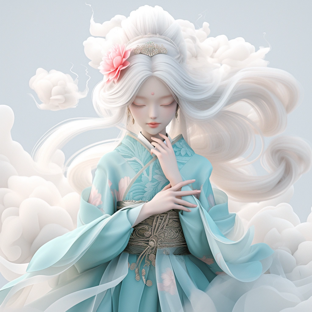 云端之上的梦幻女神  邂逅一位长发飘飘的梦幻女神,白色发丝间,一朵