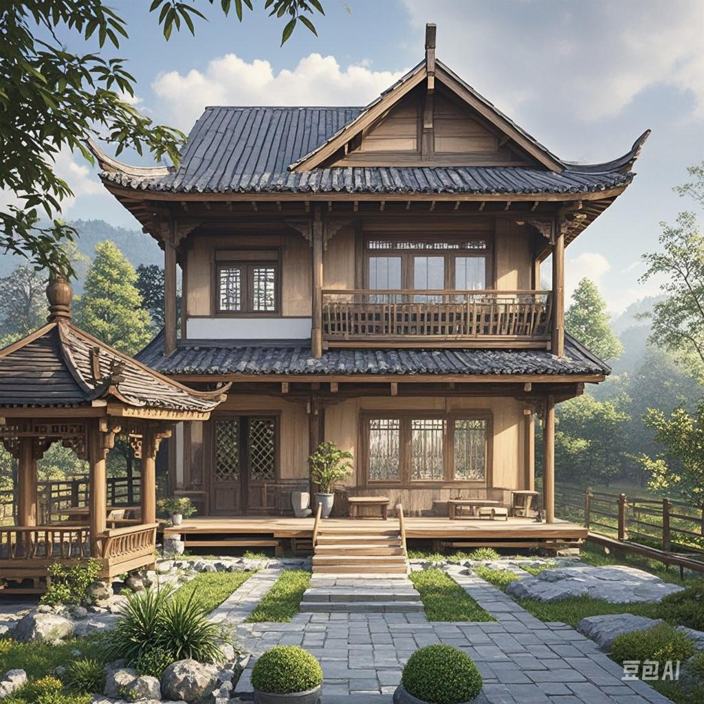 风房子图片中国古典建筑别墅仿古木结构建筑房绿化效果图江南的小木楼