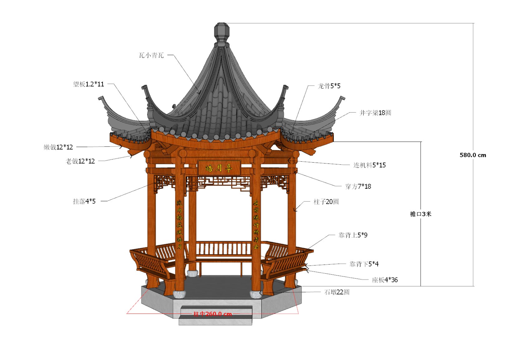 六角亭用量大小和部位名称标注