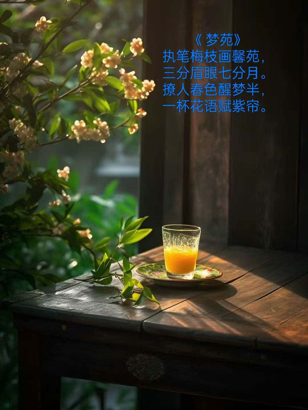 一杯花语,唤醒春色,紫帘轻拂,梦半醒时,月下三分眉眼,七分春意