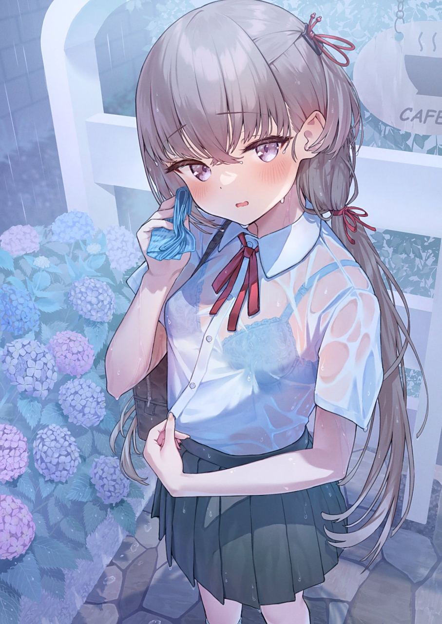 二次元# "突然下大雨,衣服都湿透了呢……"