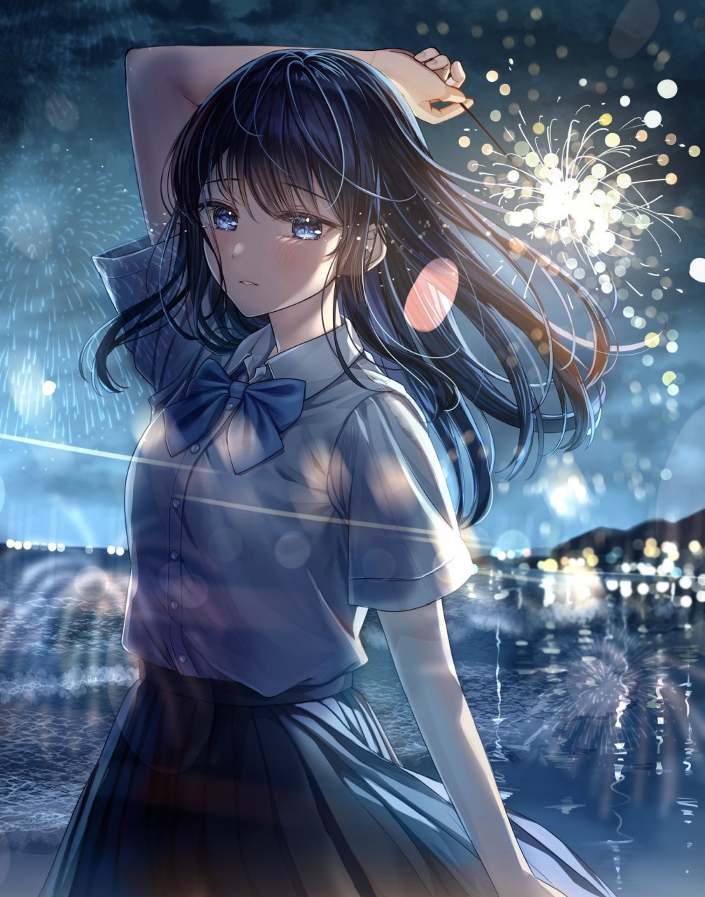 二次元# 放烟花的制服少女,小心点,别烧到头发了[二哈]