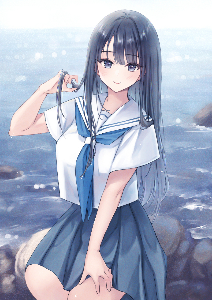 二次元# 海边的水手服少女,这谁能忍住不心动啊[二哈]