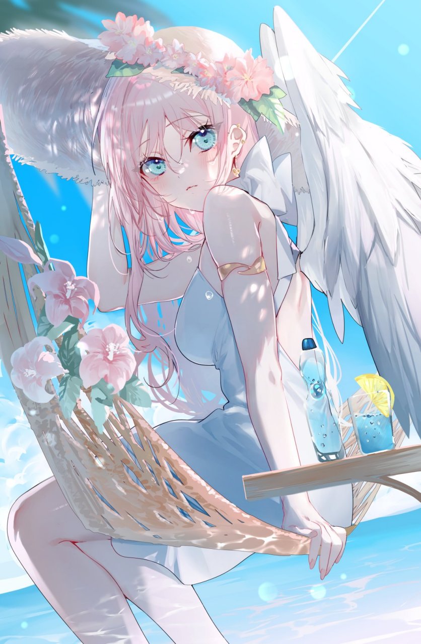 坐在吊床上休息的天使少女[期待]twi:美和野らぐ#二次元