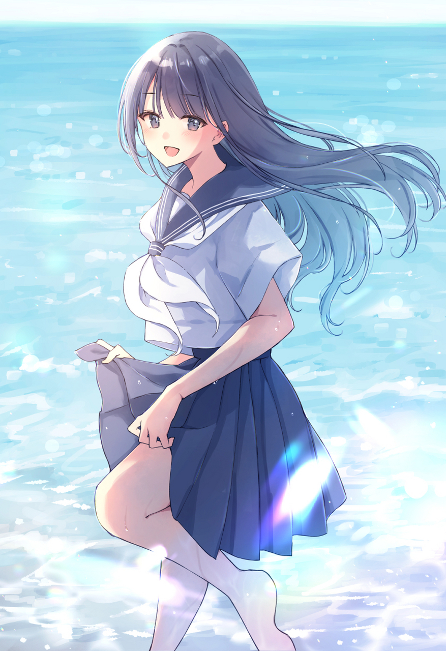 二次元# 海边的水手服少女,这谁能忍住不心动啊[二哈]