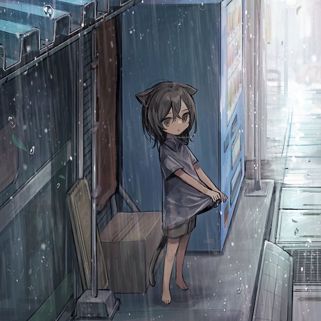二次元# 在屋檐下躲雨的小兽娘