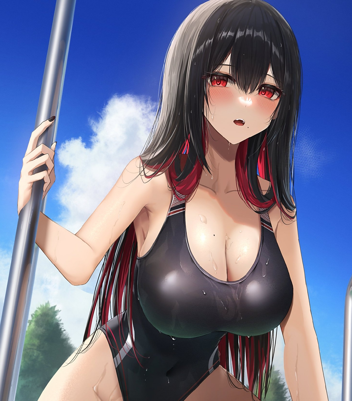 游泳游累了,筋疲力尽的水着少女#二次元#