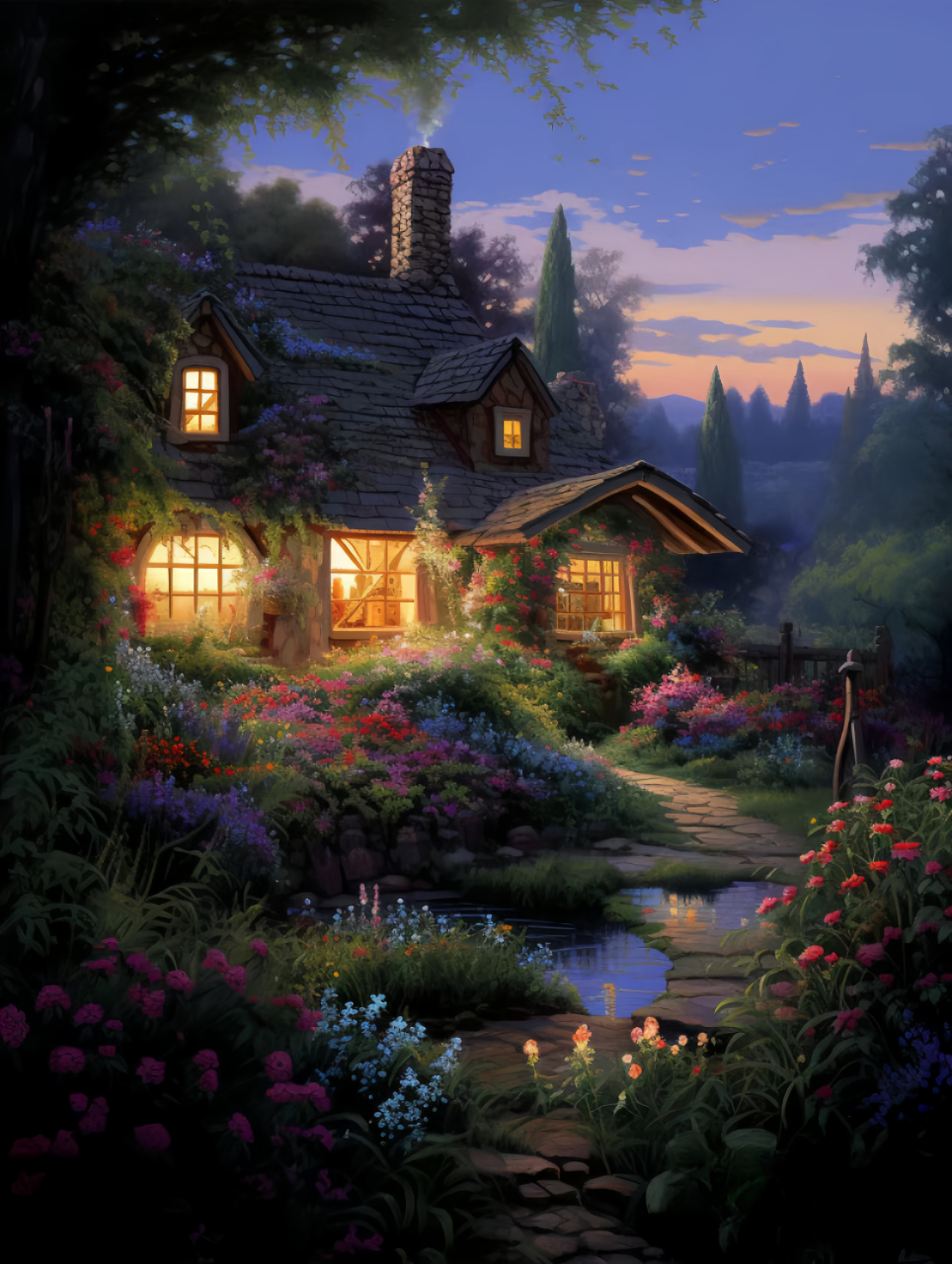 夜晚的小房子,灯火通明.