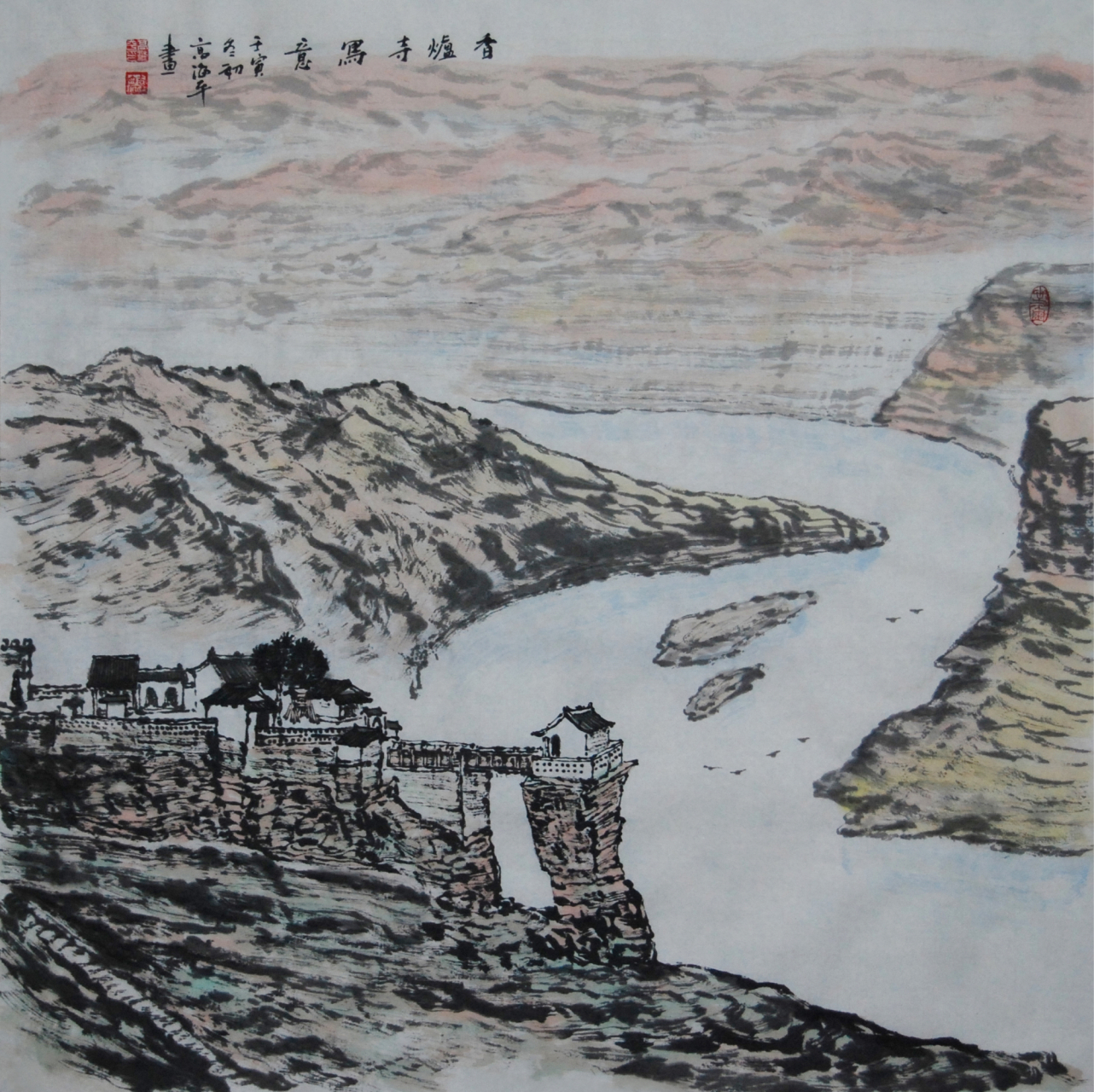 香炉寺写意,纸本水墨设色,四尺斗方(68cmx68cm,四个平方尺),2022年,高