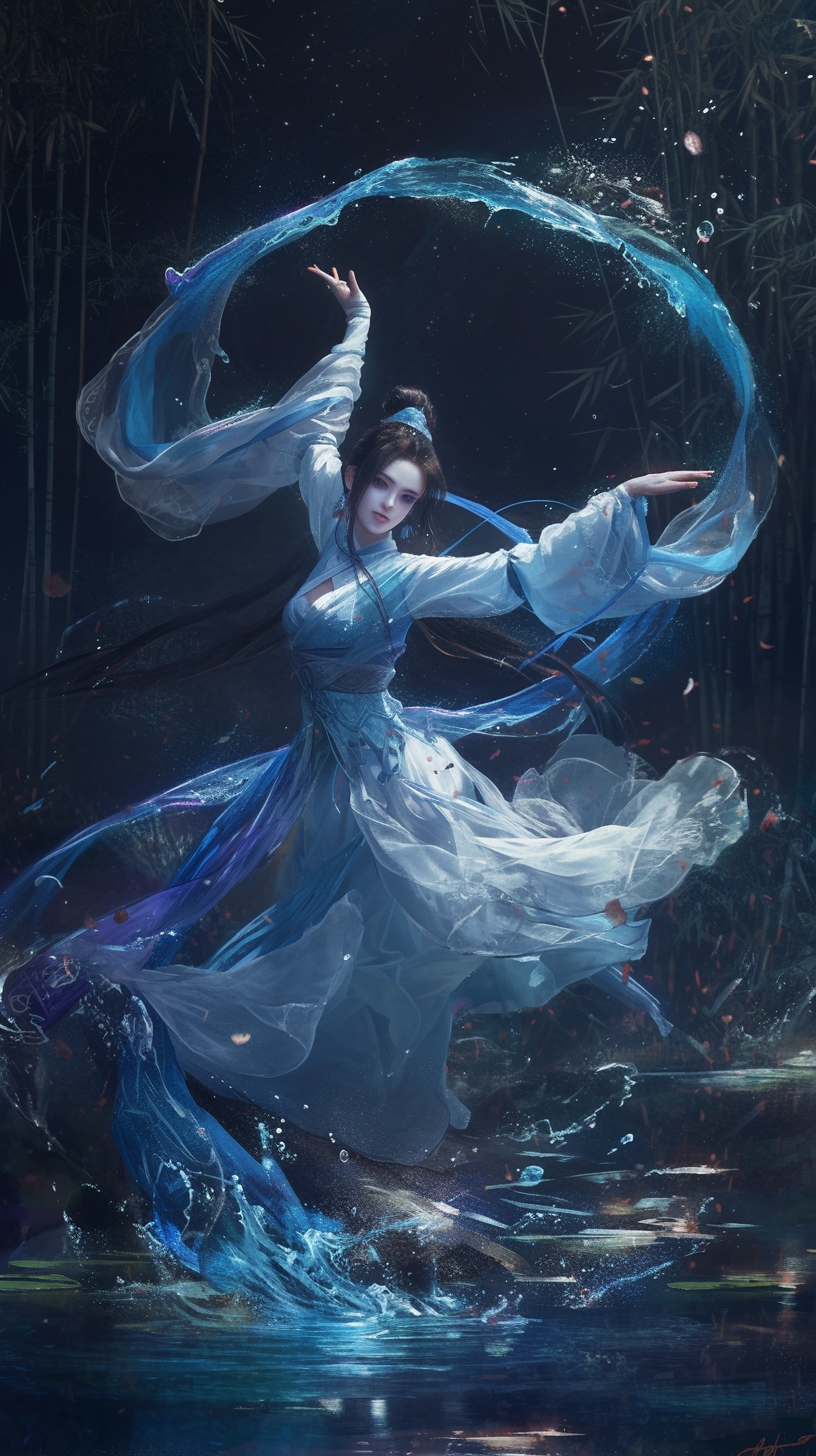 🌙在月光下,一位白衣女子在竹林中翩翩起舞,仿佛与风共舞,与月争辉.