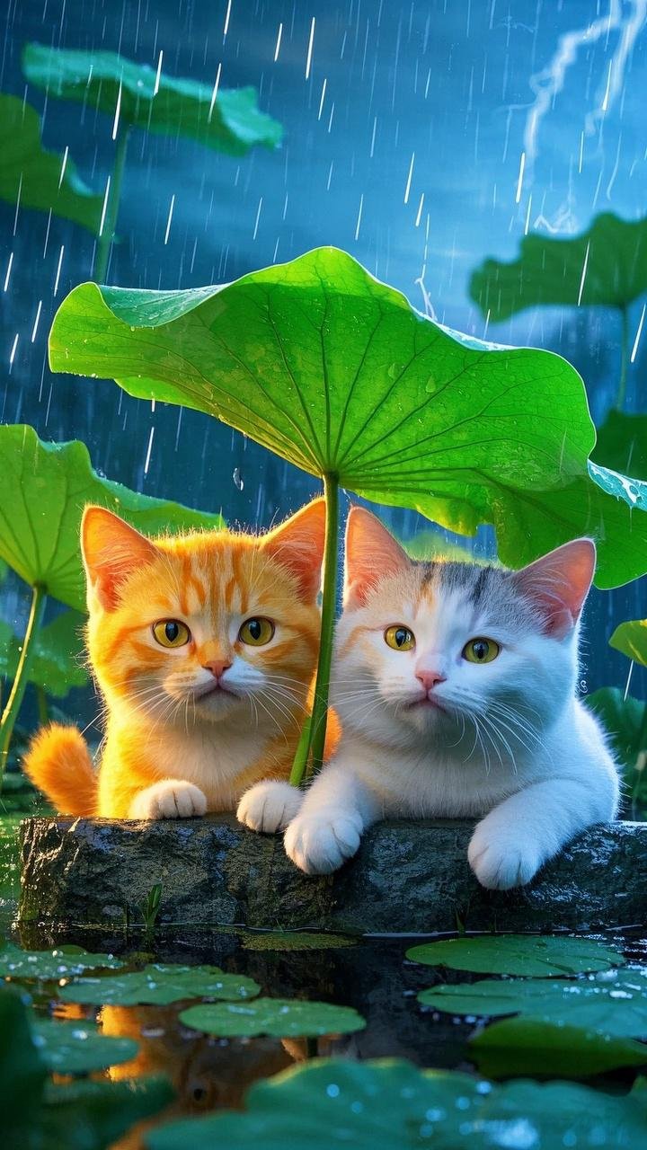 雨中寻得一方净土,荷叶伞下两只萌猫静谧相伴