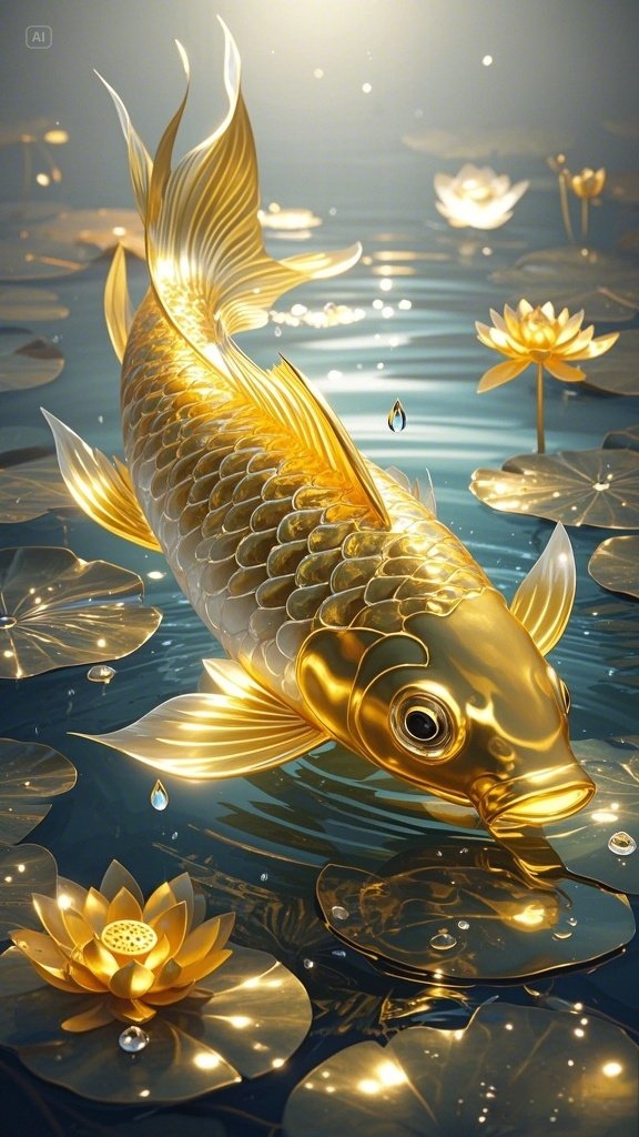金色鱼儿嬉戏,仿若与荷私语,共绘一幅诗意江南画卷