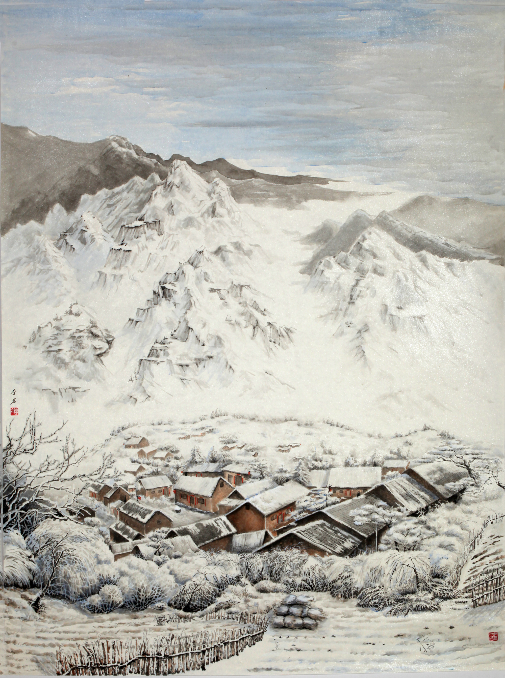 草根画家李岩 国画作品《家乡晨韵》120cmx160cm