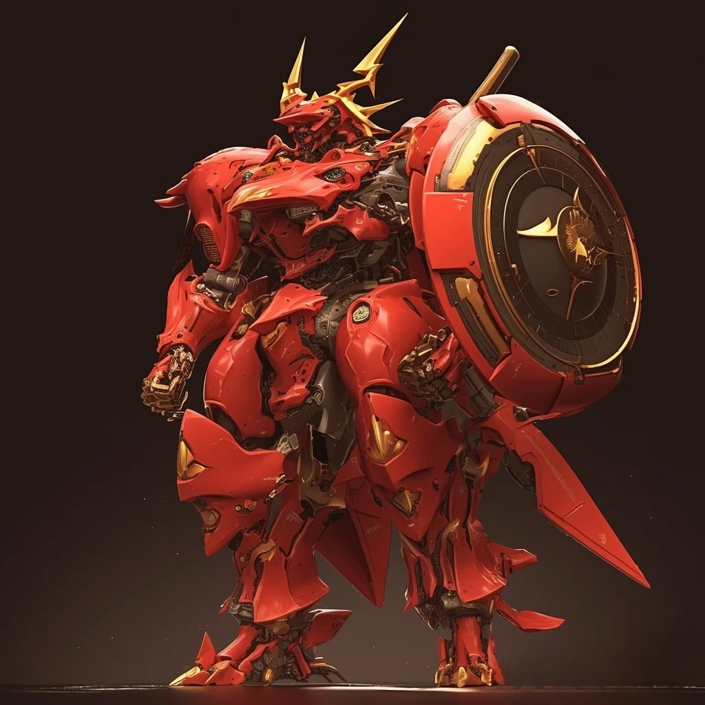 身披烈焰红甲的战士,手持锐利之刃,身后是无畏的盾牌