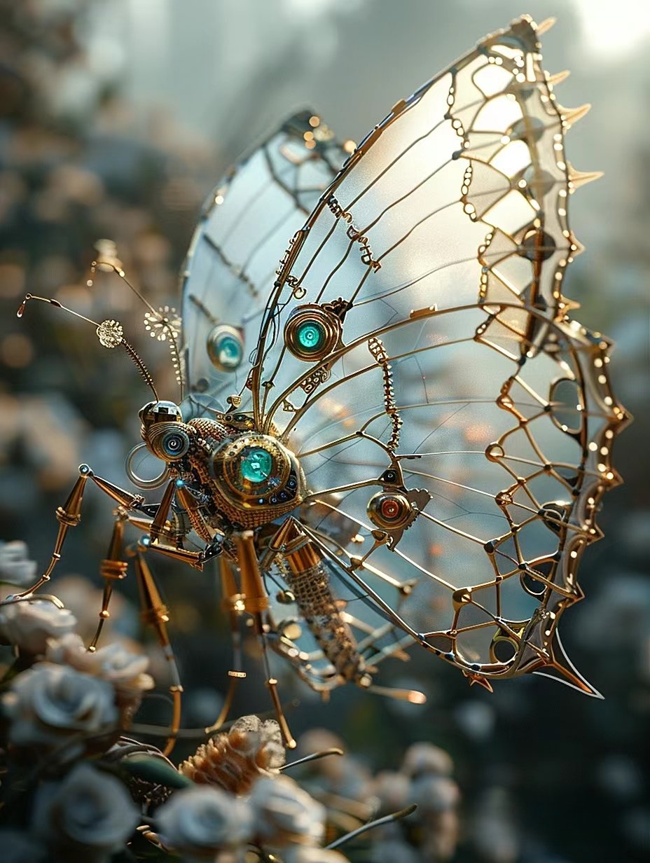 ai匠心绘就的机械蝴蝶,在冬日暖阳的抚慰下,翩翩起舞,如同穿越时空的