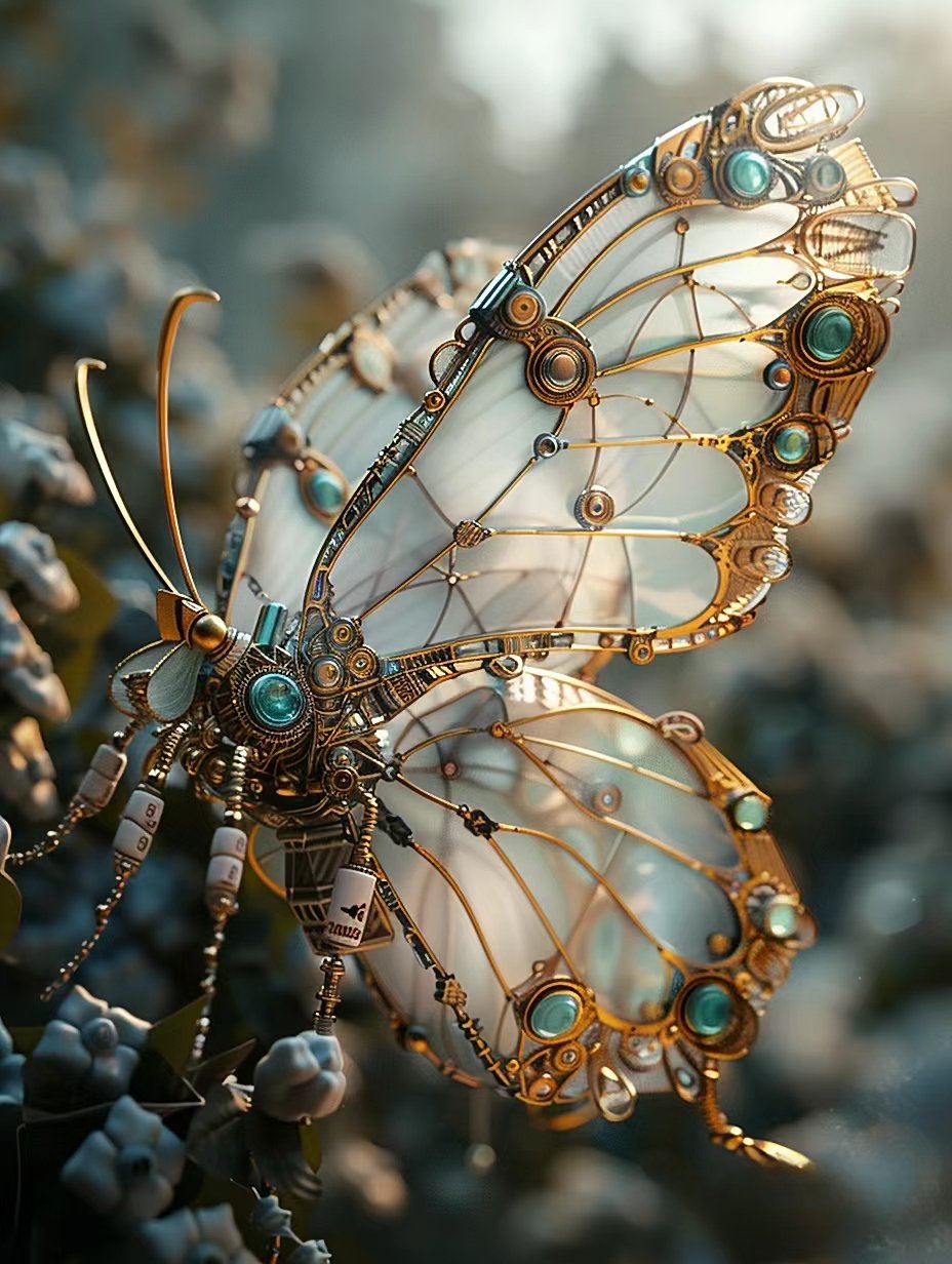 ai匠心绘就的机械蝴蝶,在冬日暖阳的抚慰下,翩翩起舞,如同穿越时空的