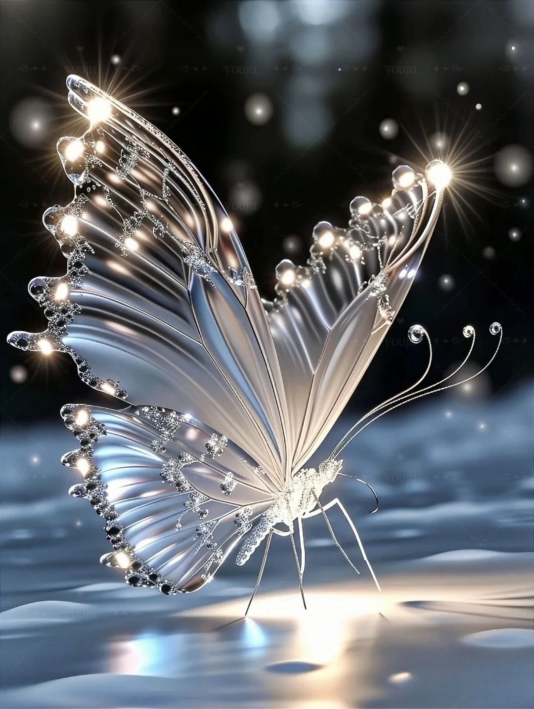 在茫茫雪地中,银色蝴蝶翩翩起舞,它们如同梦幻中的精灵,闪耀着璀璨的