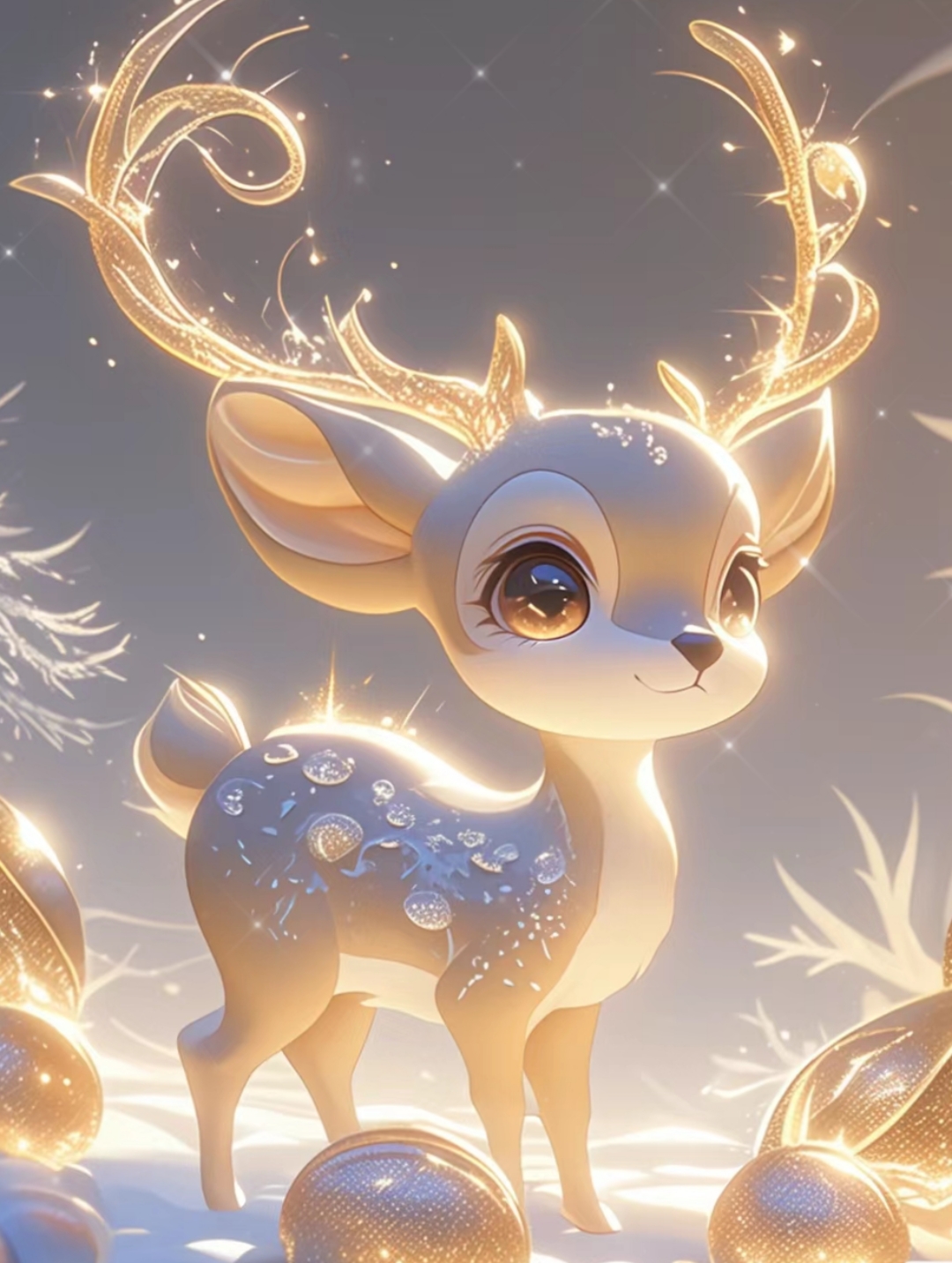 在皑皑白雪之中,小鹿翩翩起舞,周身仿佛散发着迷人的星辉,犹如跃然纸