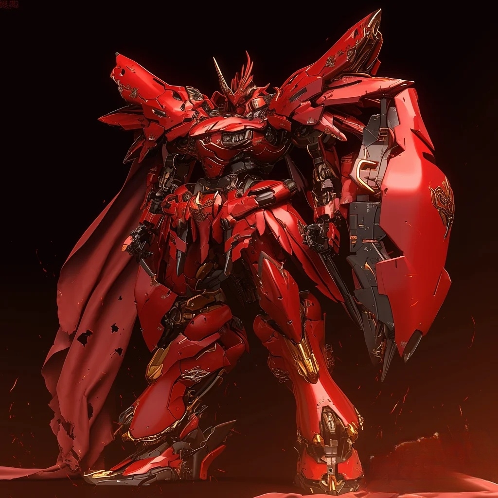 身披烈焰红甲的战士,手持锐利之刃,身后是无畏的盾牌