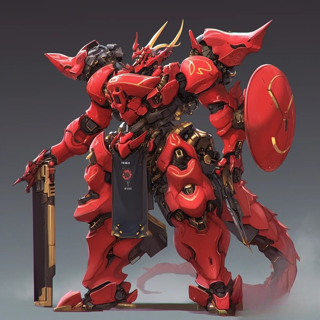 身披烈焰红甲的战士,手持锐利之刃,身后是无畏的盾牌