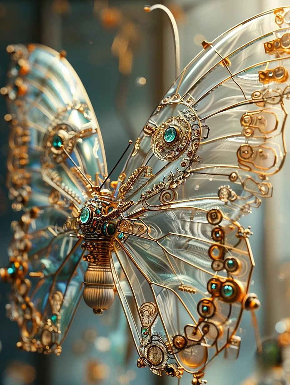 ai匠心绘就的机械蝴蝶,在冬日暖阳的抚慰下,翩翩起舞,如同穿越时空的