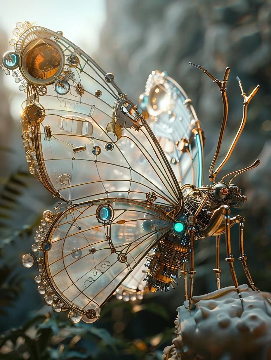 ai匠心绘就的机械蝴蝶,在冬日暖阳的抚慰下,翩翩起舞,如同穿越时空的