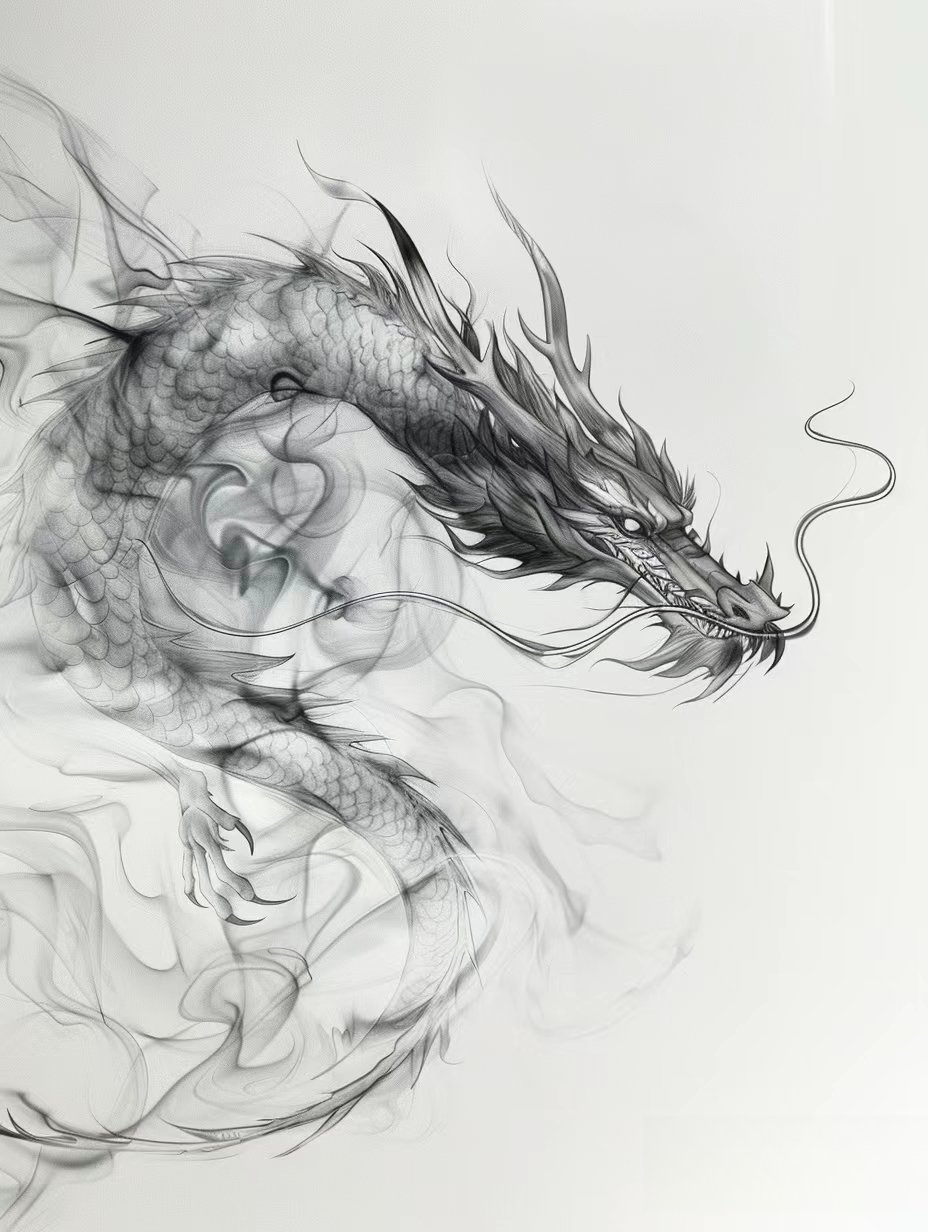 在中国古风水墨画中,龙身蜿蜒于祥云之间,若隐若现