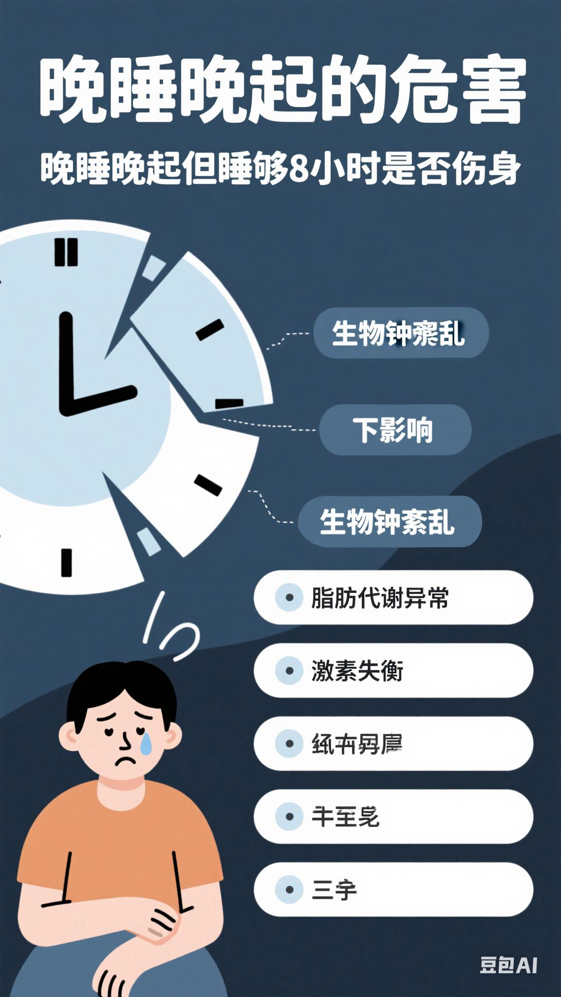 根据多项研究和医学分析,**即使保证8小时睡眠,晚睡晚起仍可能对