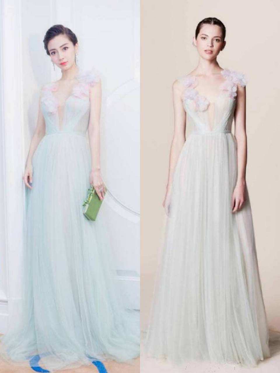 angelababy的浅蓝色仙女纱裙,整件裙子散发着淡淡的仙气,胸前的花朵
