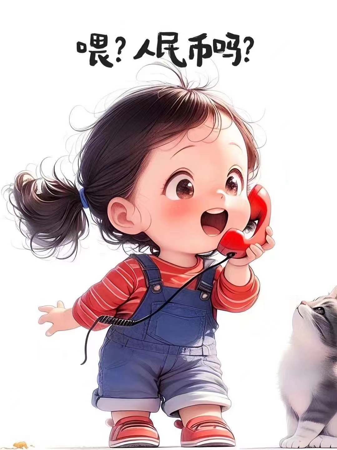 小女孩打电话,表情惊讶,似乎在说:"哎,人民币你怕了吗?