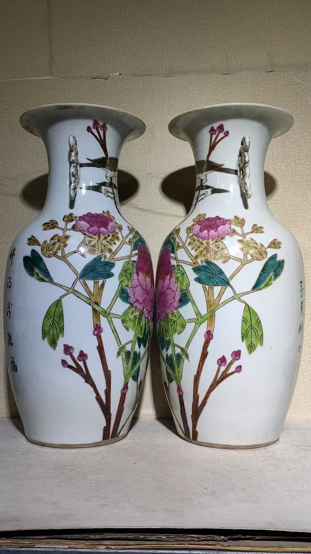 清代老瓷器富贵白头粉彩花鸟大瓶,一对,绘画漂亮,瓷质好,全品,高43