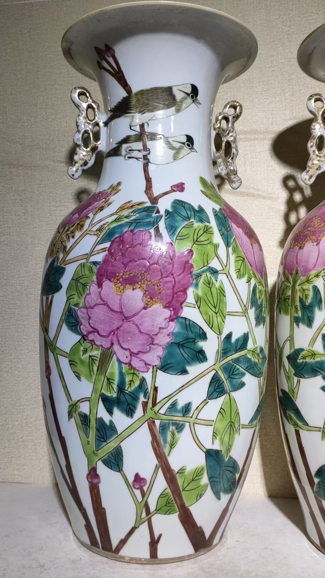 清代老瓷器富贵白头粉彩花鸟大瓶,一对,绘画漂亮,瓷质好,全品,高43